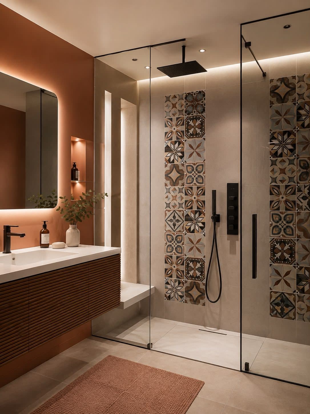 Salle de bain sur mesure, douche à l'italienne et faïence à motifs