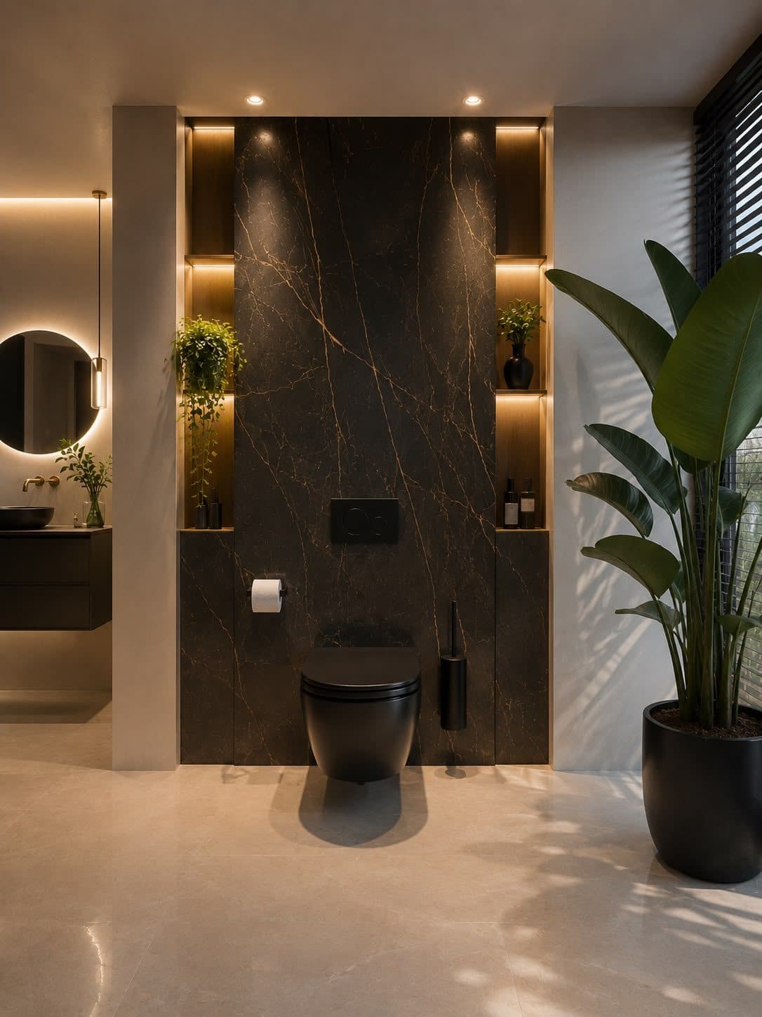 Salle de bain contemporaine, pierre foncée et WC suspendu